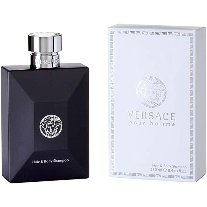 Versace Pour Homme 250 ml suihkugeeli puhdistaa hiukset ja vartalon tyylikkäässä mustassa pullossa ja rasiassa.