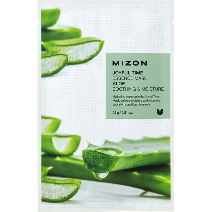 Mizon Joyful Time Essence Mask Aloe 23 g rauhoittava kangasnaamio valkoisessa pakkauksessa, jossa on aloe veran lehtiä.
