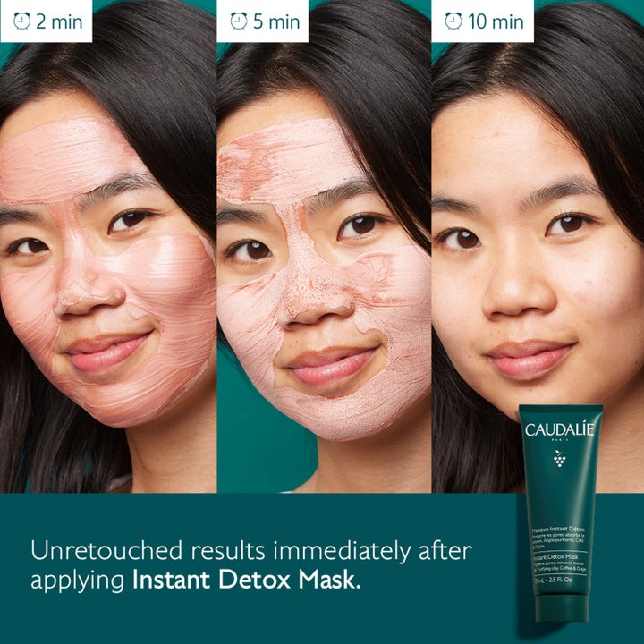 Caudalie Instant Detox Mask 75 ml syväpuhdistava kasvonaamio kuvattuna mallin kasvoilla eri vaiheissa.