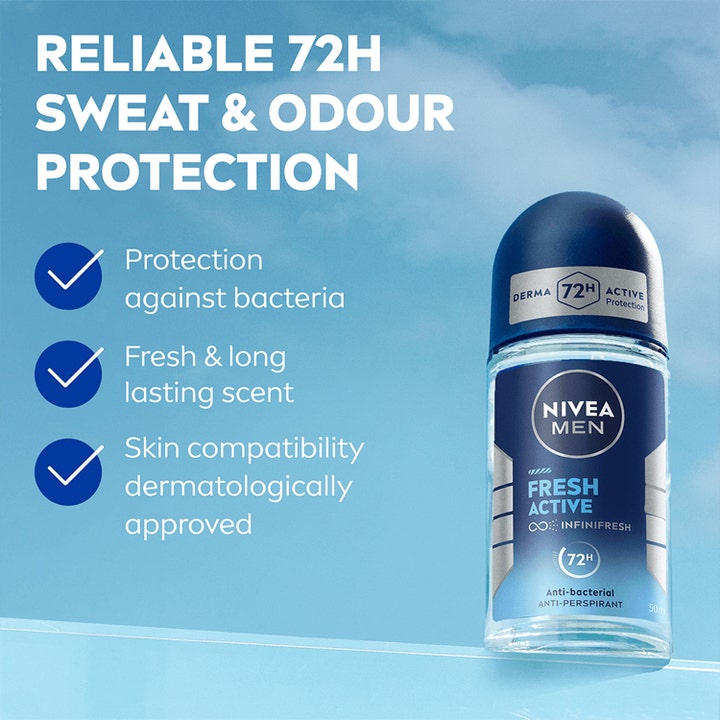 Nivea Men Fresh Active 50 ml roll-on deodorantti antaa 72h suojan lasipullossa sinistä taivasta vasten.