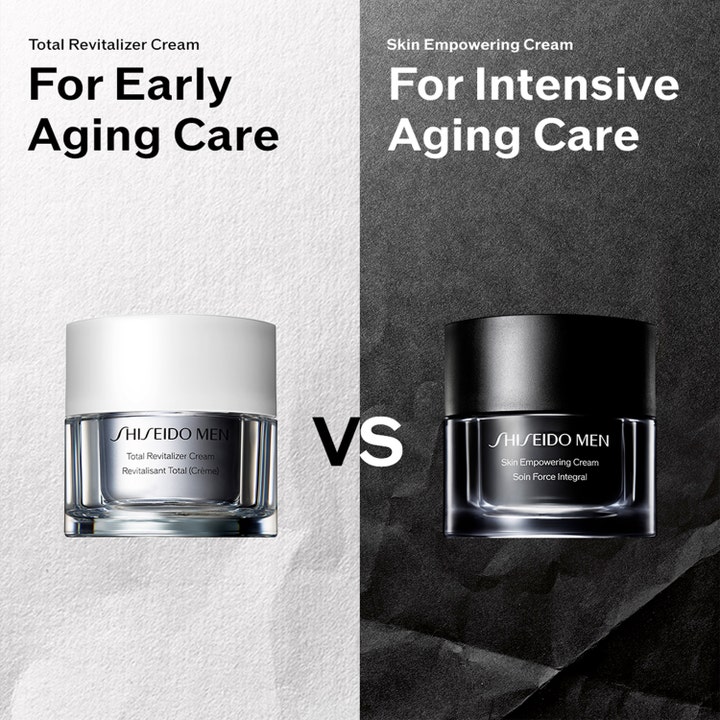 Shiseido Men Empowering Cream 50 ml elvyttävä kasvovoide mustassa purkissa tekstillä For Intensive Aging Care