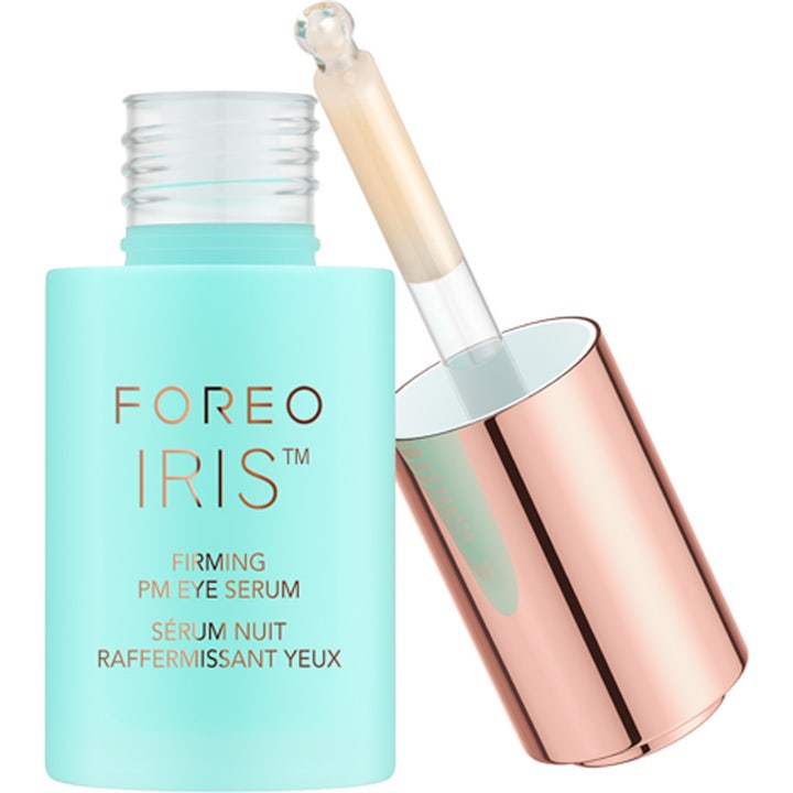 FOREO IRIS Firming PM Eye Serum 15 ml kiinteyttävä silmänympärysseerum turkoosissa pullossa ruusukultaisella pipetillä.