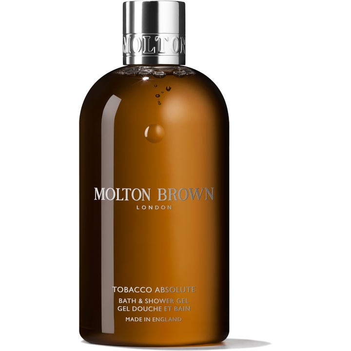 Molton Brown Tobacco Absolute Bath & Shower Gel 300 ml puhdistava suihkugeeli ruskeassa pullossa hopeisella korkilla