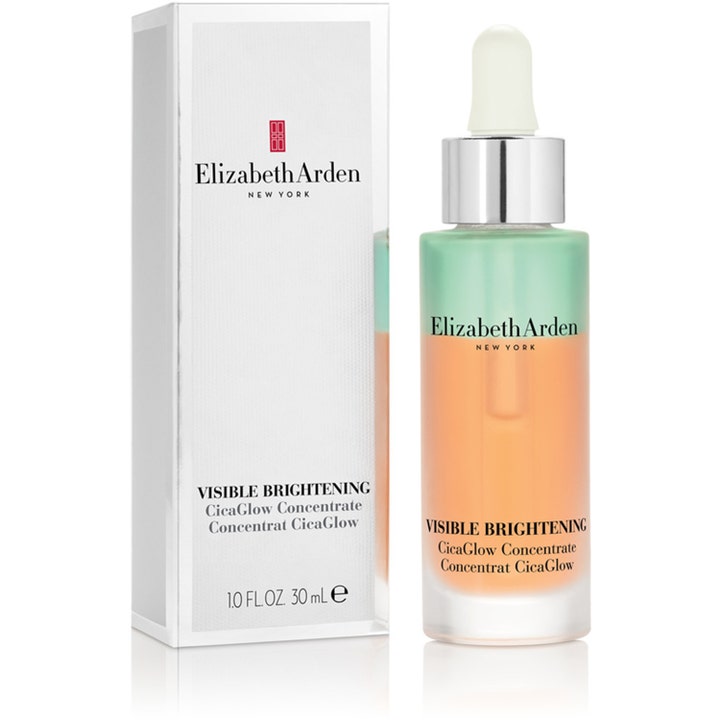 Elizabeth Arden Visible Brightening Cica Glow 30 ml kirkastava seerumi ja pakkaus pipettipullossa.