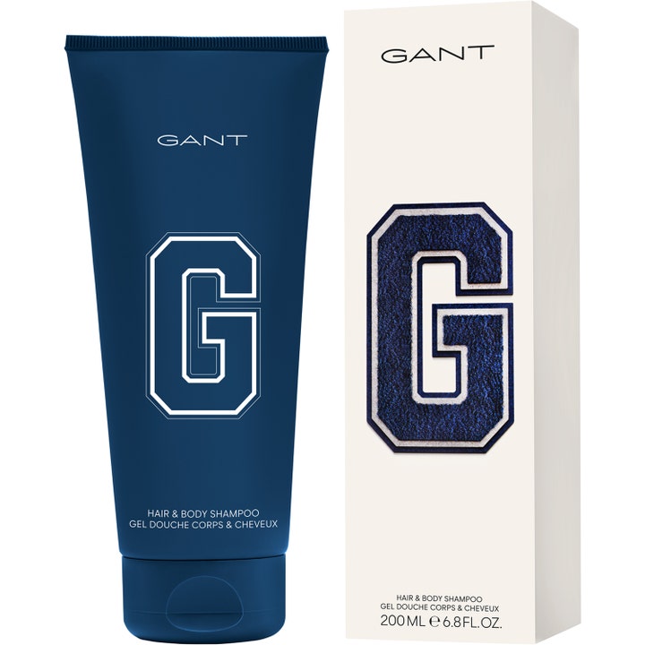 GANT Gant Hair & Body Shampoo 200 ml puhdistava suihkugeeli tummansinisessä tuubissa ja valkoisessa G-logokotelossa