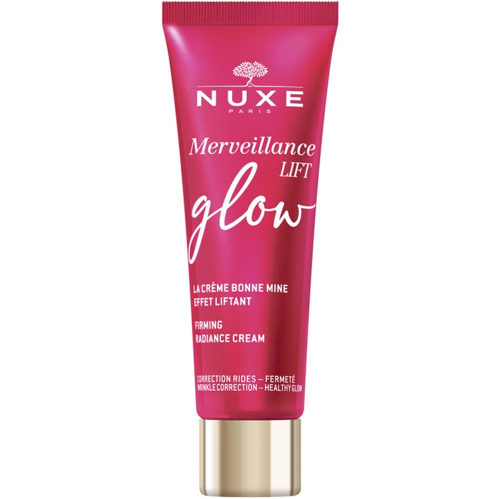 Nuxe Merveillance Lift Glow 50 ml kiinteyttävä kasvovoide heleyttää ihoa vadelmanpunaisessa tuubissa.