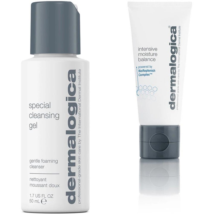 Dermalogica Special Cleansing Gel 50 ml ja Intensive Moisture Balance puhdistussetti valkoisessa pullossa ja tuubissa.
