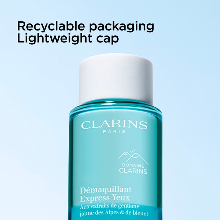 Clarins Instant Eye Make-Up Remover 125 ml silmämeikin poistoaine turkoosissa kierrätettävässä pullossa ja valkoinen korkki.