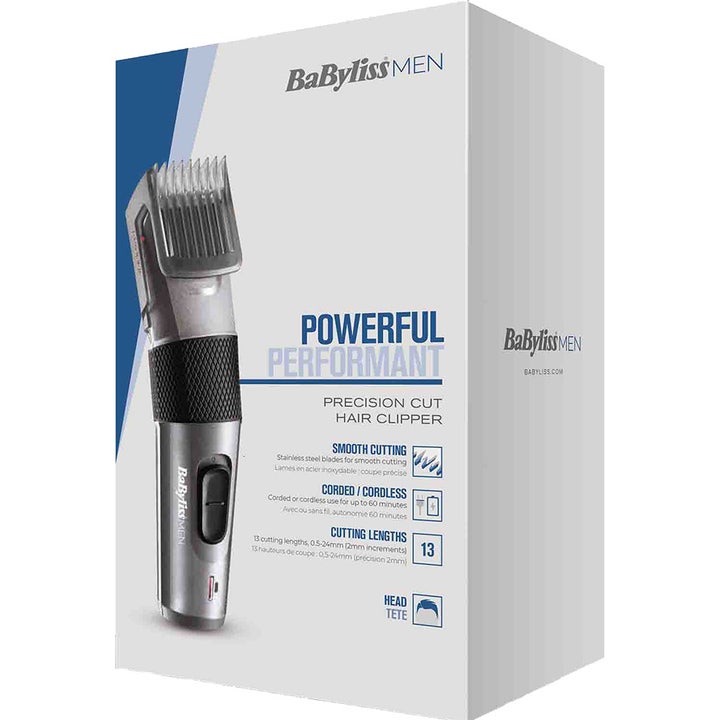 BaByliss Precision Cut 1 kpl hiustenleikkuukone on pakattu valkoiseen pakkaukseen, jossa on hopeinen trimmeri.
