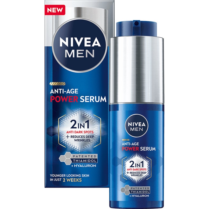 Nivea Men Anti-Age Power Serum 30 ml anti-age-seerumi häivyttää pigmenttiläiskiä sinisessä ja hopeisessa pullossa.