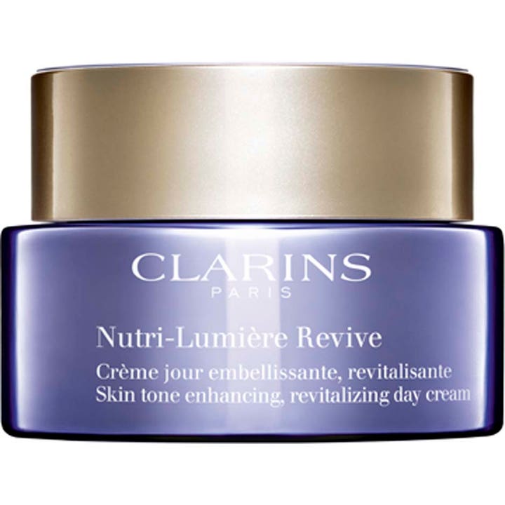 Clarins Nutri-Lumière Revive 50 ml kirkastava päivävoide tyylikkäässä violetissa lasipurkissa kultaisella korkilla