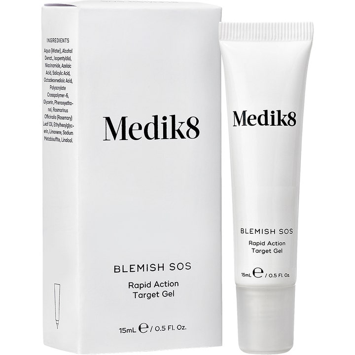 Medik8 Blemish SOS 15 ml hoitava täsmägeeli epäpuhtauksille valkoisessa tuubissa ja pakkauksessa.