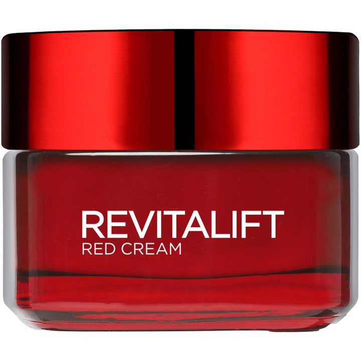 L'Oréal Paris Revitalift Red Cream 50 ml heleyttävä päivävoide punaisessa lasipurkissa jossa on kiiltävä kansi