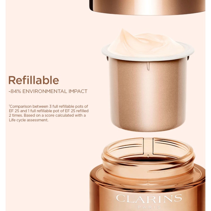 Clarins Extra-Firming Jour 50 ml kiinteyttävä päivävoide ja täytettävä ruusukultainen purkki voiteella.