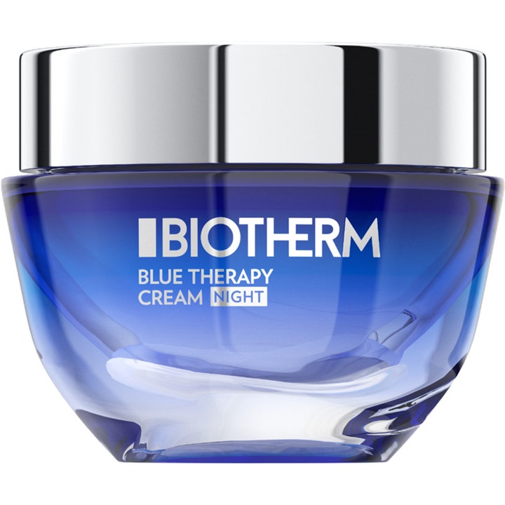 Biotherm Blue Therapy Cream Night 50 ml silottava yövoide sinisessä lasipurkissa hopeisella korkilla.