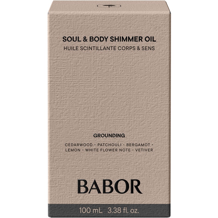 Babor Soul & Body Shimmer Oil 100 ml heleyttävä vartaloöljy beigessä teksturoidussa pahvipakkauksessa