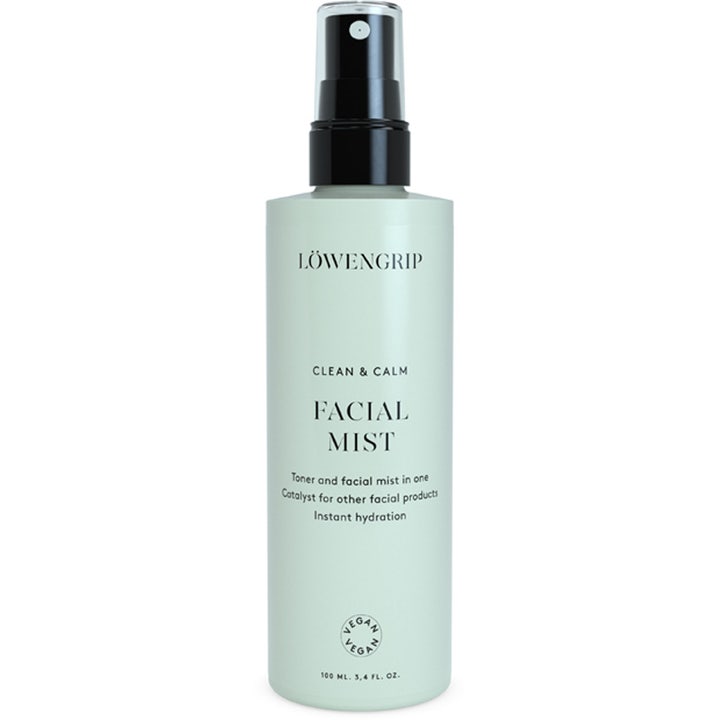 Löwengrip Clean & Calm Facial Mist 100 ml kosteuttava kasvovesi mintunvihreässä suihkepullossa.