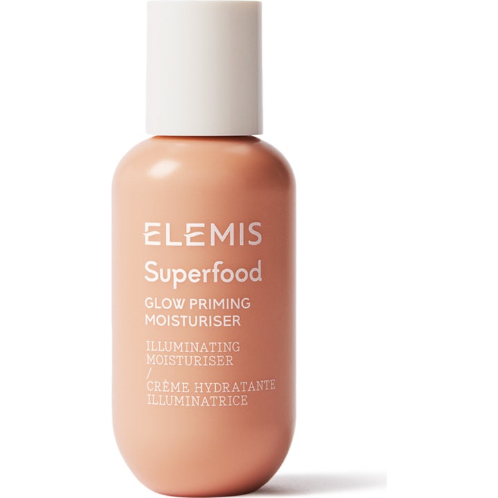 Elemis Superfood Glow Priming Moisturiser 60 ml heleyttävä päivävoide pyöreässä persikanvärisessä pullossa