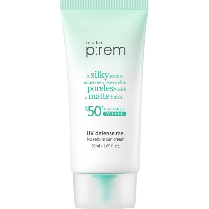 make p:rem UV defense me No sebum sun cream 50 ml mattaava aurinkovoide valkoisessa tuubissa mintunvihreällä korkilla