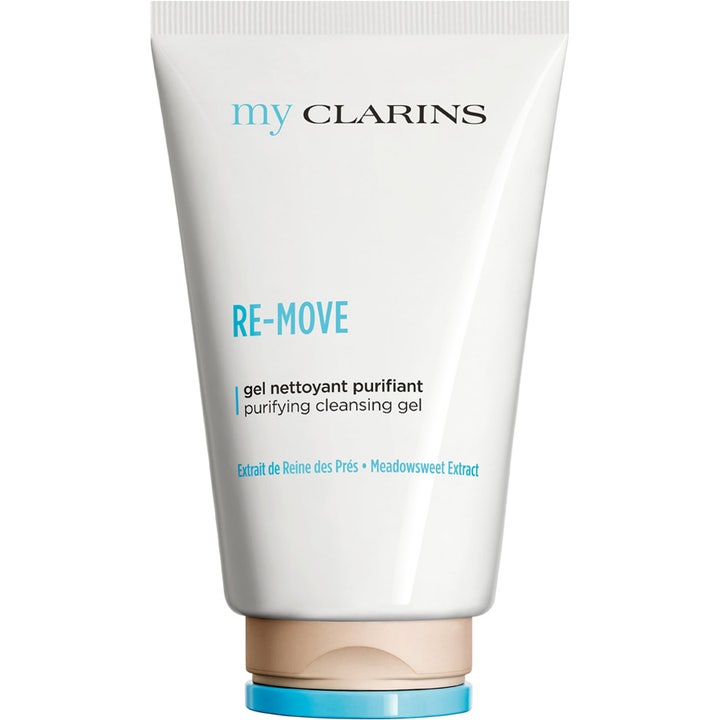 My Clarins RE-MOVE Purifying Cleansing Gel 125 ml syväpuhdistava puhdistusgeeli valkoisessa tuubissa vaalealla korkilla.