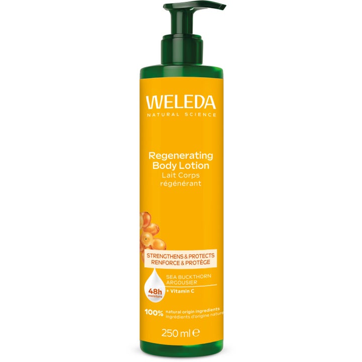 Weleda Regenerating Body Lotion 250 ml uudistava vartalovoide keltaisessa pumppupullossa, jossa on tyrnimarjoja.