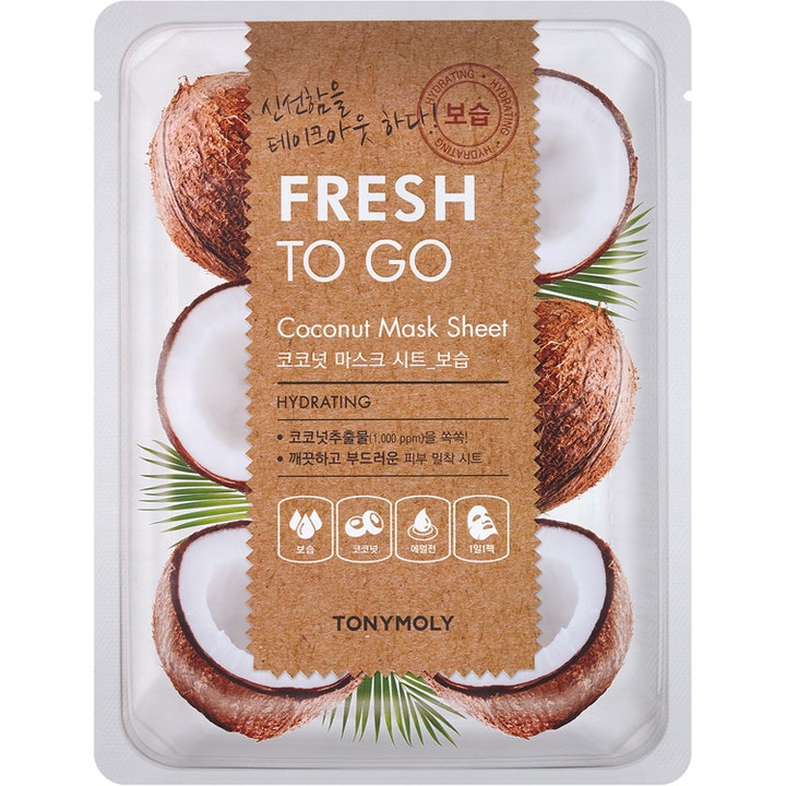 TONYMOLY Fresh To Go Coconut Mask Sheet 1 kpl kosteuttava kangasnaamio kookospähkinäkuvioisessa pakkauksessa.