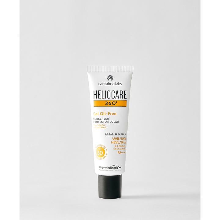 Heliocare 360 Gel Oil-Free SPF 50+ 50 ml aurinkovoide antaa mattapinnan valkoisessa tuubissa.