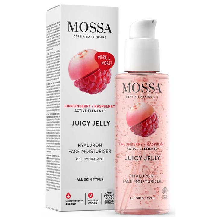 Mossa Juicy Jelly 50 ml kosteuttava kasvovoide hyaluronihapolla vaaleanpunaisessa pumppupullossa ja pakkauksessa.