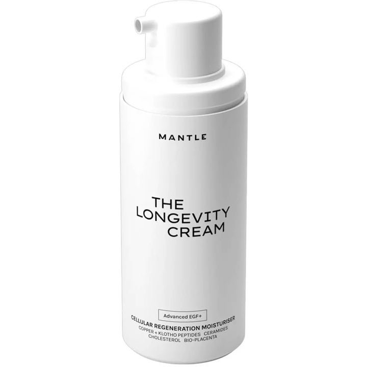 MANTLE The Longevity Cream 50 ml uudistaa ihoa valkoisessa pumppupullossa, jossa on teksti Advanced EGF+ ja peptidejä.