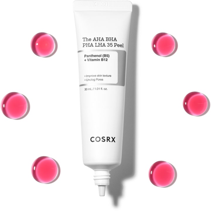 COSRX The AHA BHA PHA LHA 35 Peel 30 ml kuorinta valkoisessa tuubissa vaaleanpunaisten seerumipisaroiden ympäröimänä.