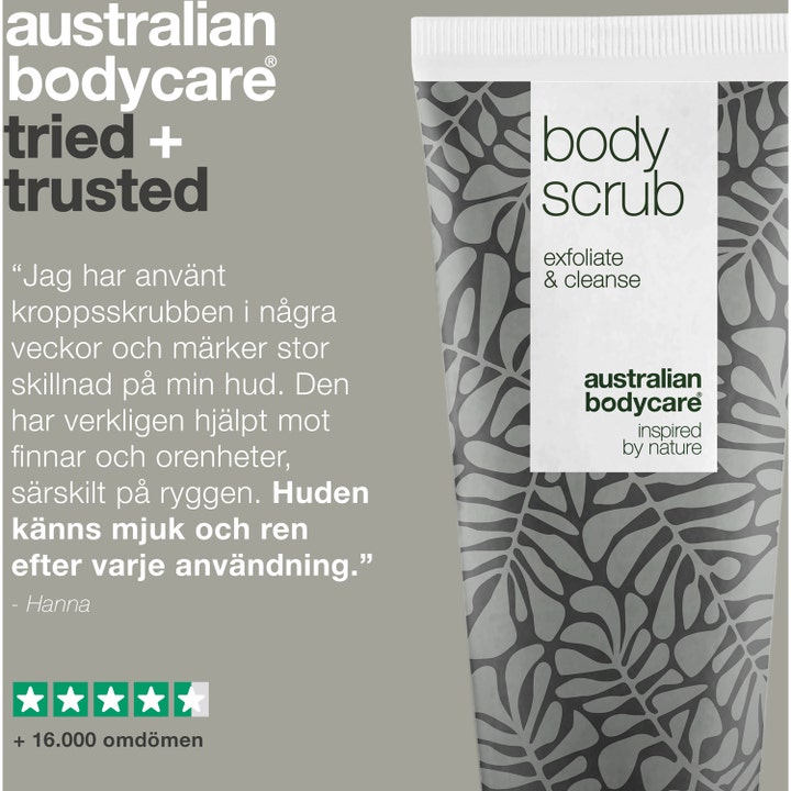 Australian Bodycare Body Scrub Lemon Myrtle 200 ml vartalokuorinta lehtikuvioidussa tuubissa ja asiakasarvostelu