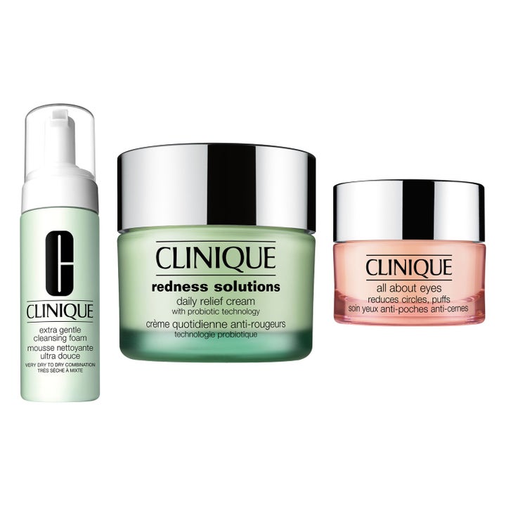 Clinique Redness Solutions ja All About Eyes setti rauhoittaa ihoa vihreässä pumppupullossa ja hopeakantisissa purkeissa.