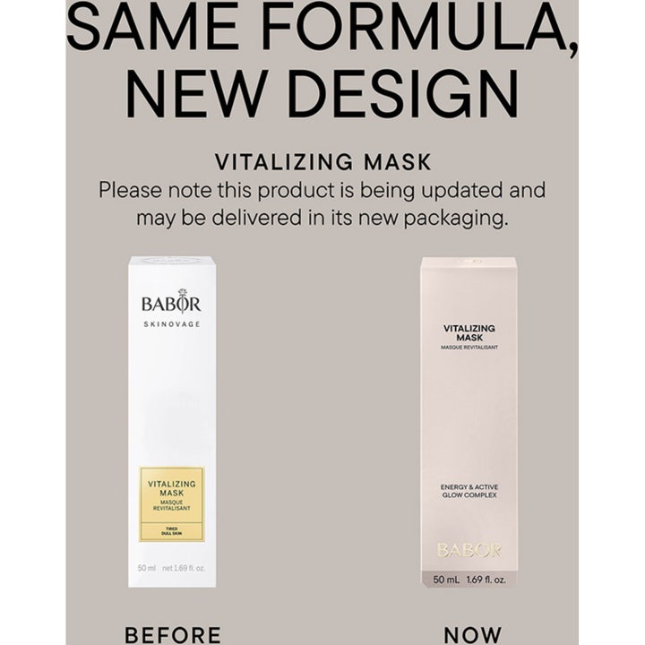 Babor Vitalizing Mask 50 ml elvyttävä kasvonaamio valkoisessa tuubissa osana tyylikästä Skinovage-tuoteasetelmaa.