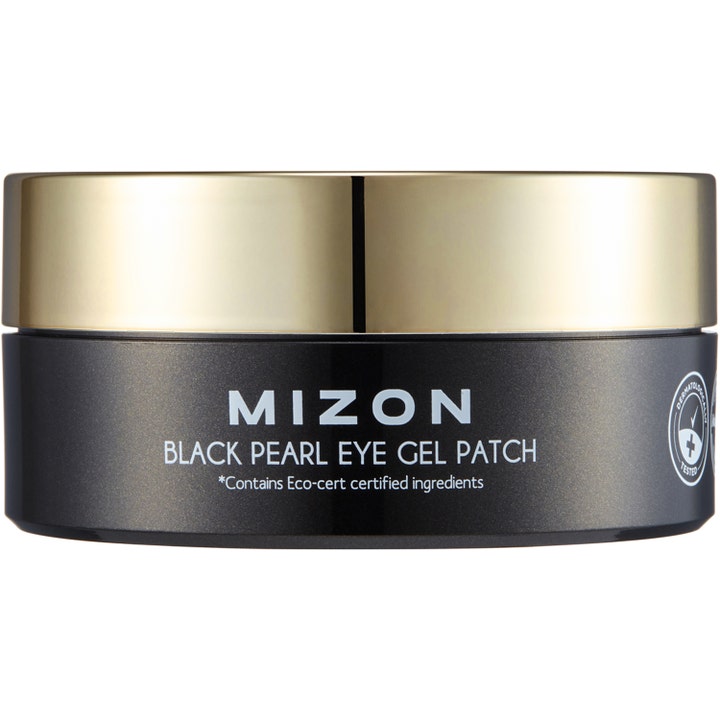 Mizon Black Pearl Eye Gel Patch 60 kpl kirkastavat silmänympäryslaput mustassa purkissa kultaisella kannella.