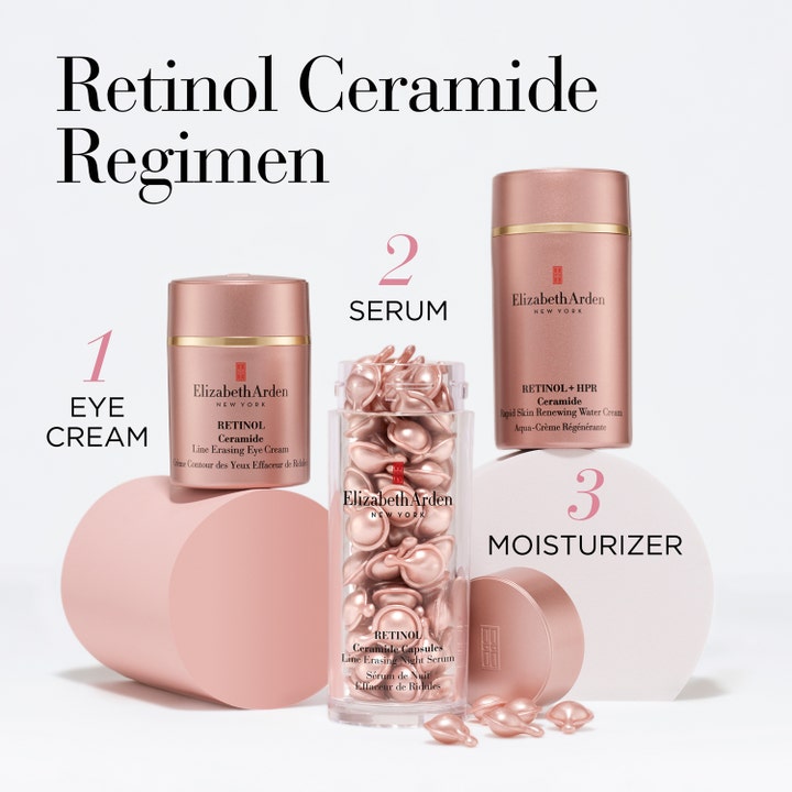 Elizabeth Arden Retinol Ceramide Water Cream 50 ml kasvovoide kolmivaiheisessa ihonhoitorutiinissa.