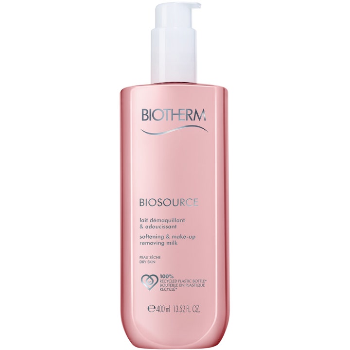 Biotherm Biosource 400 ml pehmentävä puhdistusmaito kuivalle iholle vaaleanpunaisessa pumppupullossa