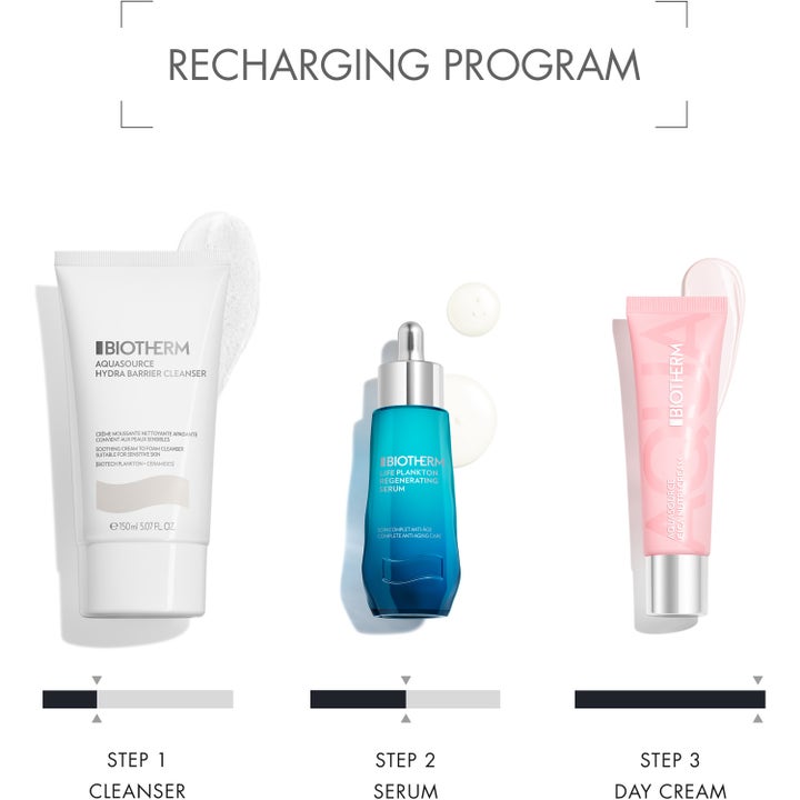 Biotherm Aquasource Cica Nutri Cream 30 ml rauhoittava päivävoide pinkissä tuubissa osana kolmivaiheista rutiinia