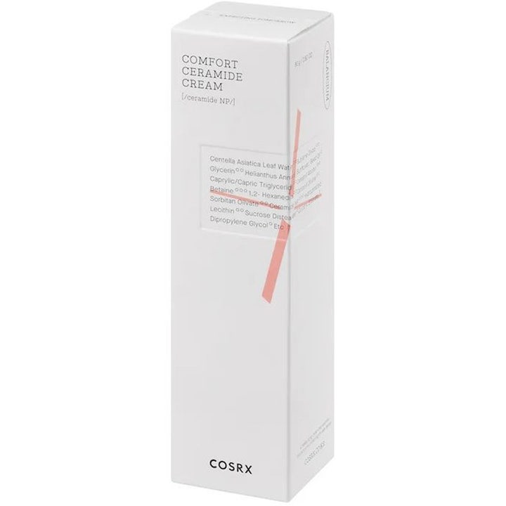 COSRX Balancium Comfort Ceramide Cream 80 ml rauhoittava kasvovoide valkoisessa pahvipakkauksessa.