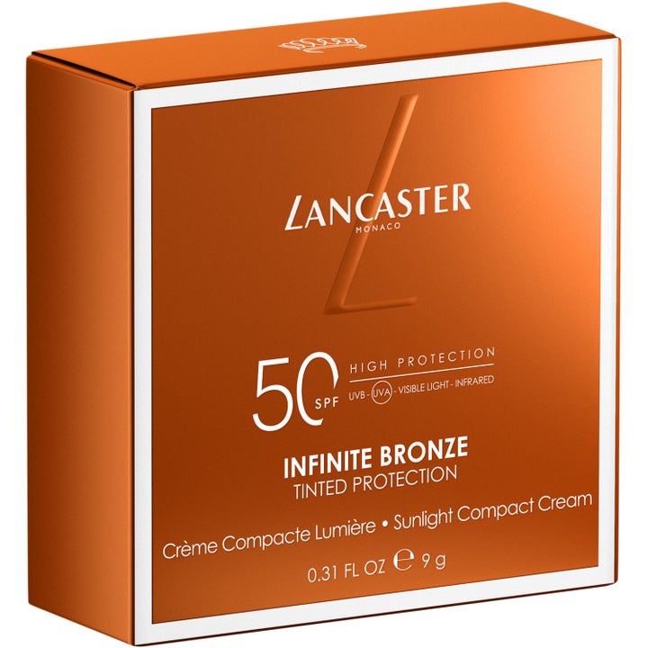 Lancaster Infinite Bronze Sunlight Compact SPF50 9 g aurinkosuojavoide oranssissa pakkauksessa.