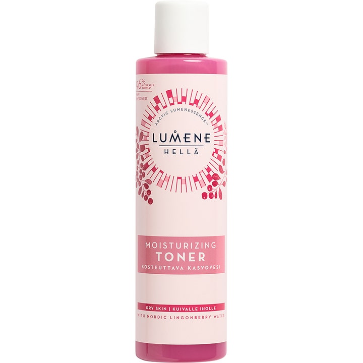 Lumene Hellä Moisturizing Toner 200 ml kosteuttava kasvovesi kuivalle iholle vaaleanpunaisessa pullossa valkoisella korkilla