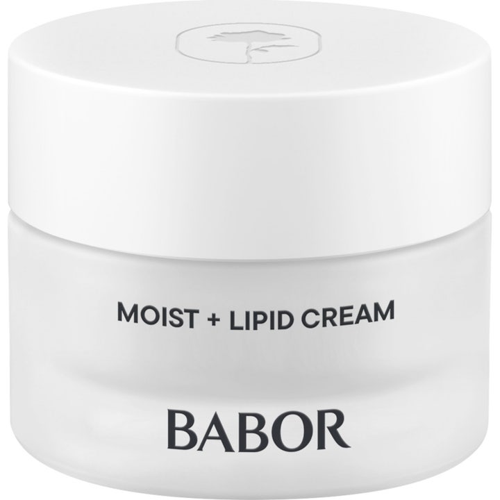 Babor Skinovage Moist + Lipid Cream kosteuttava kasvovoide huurteisessa lasipurkissa valkoisella kannella