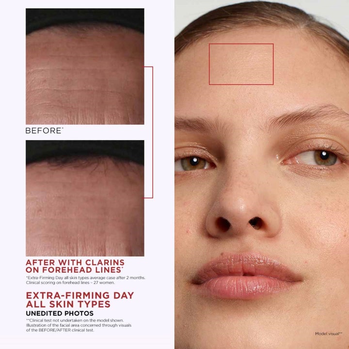 Clarins Extra-Firming Nuit 50 ml silottava yövoide ja ennen ja jälkeen -kuvat otsan juonteista.
