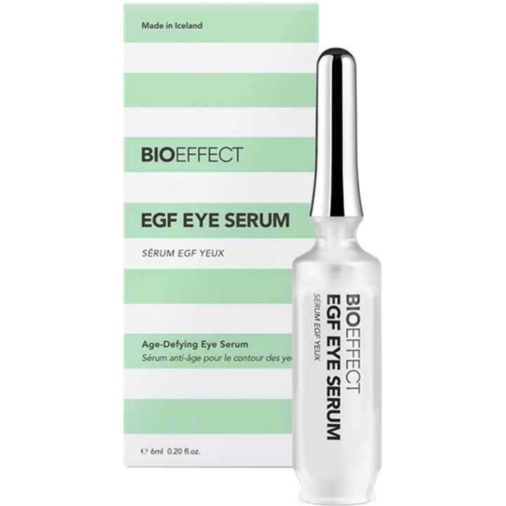 Bioeffect EGF Eye Serum 6 ml kirkastava silmänympärysseerumi huurteisessa lasipullossa ja raidallisessa pakkauksessa.