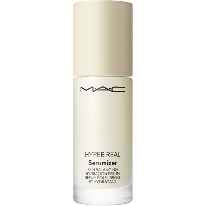 MAC Hyper Real Serumizer 30 ml tasapainottava ja kosteuttava seerumi helmiäisvalkoisessa pullossa mustalla logolla.