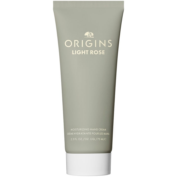 Origins Light Rose 75 ml kosteuttava käsivoide pehmentää ihoa oliivinvihreässä tuubissa valkoisella korkilla.