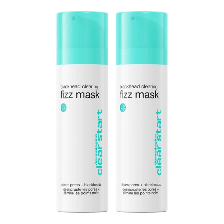 Dermalogica Clear Start Blackhead Clearing Fizz Mask 50ml puhdistava kasvonaamio kaksi valkoista pulloa turkooseilla korkeilla
