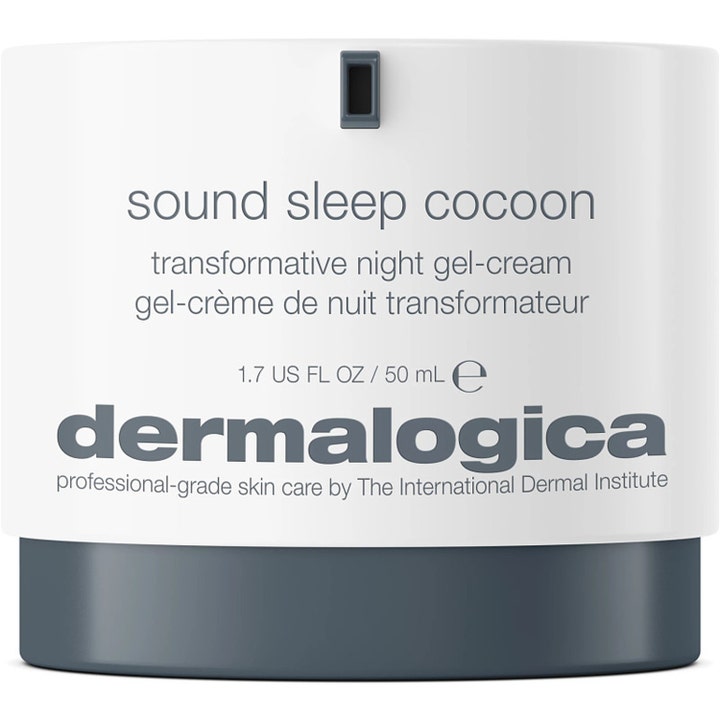 Dermalogica Sound Sleep Cocoon 50 ml elvyttävä yövoide valkoisessa purkissa, jossa on tummanharmaa pohja.