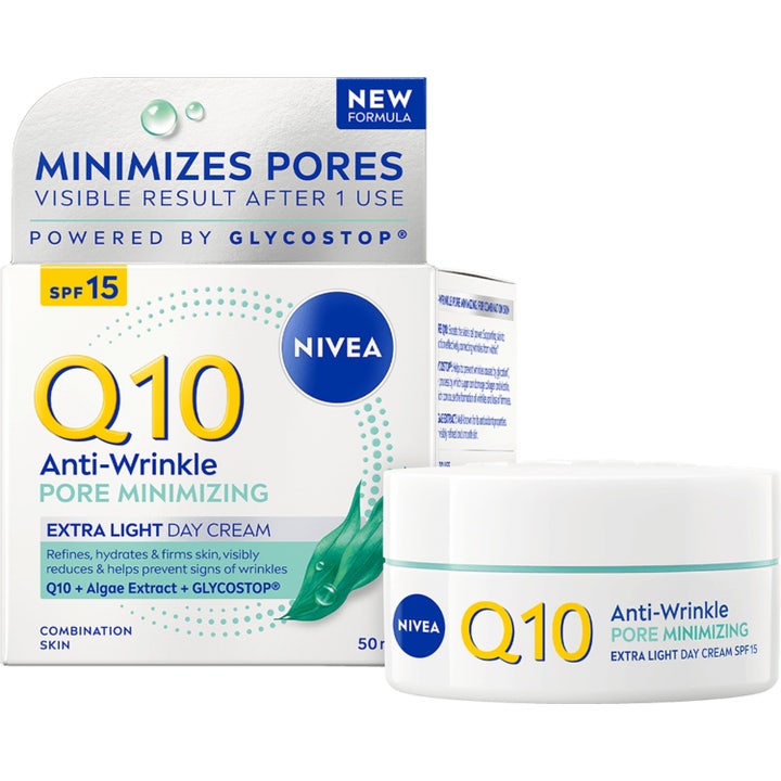 Nivea Q10 Anti-Wrinkle Pore Minimizing 50 ml päivävoide joka supistaa ihohuokosia valkoisessa muovipurkissa.