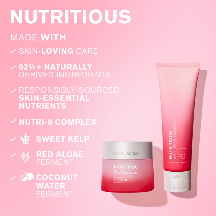 Estée Lauder Nutritious 2-In-1 Foam Cleanser 125 ml puhdistusvaahto ja kasvovoide Nutri-9 ainesosilla pinkillä taustalla.