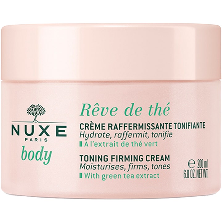 Nuxe Body Rêve de Thé Toning Firming Cream 200 ml kiinteyttävä vartalovoide vaaleanpunaisessa purkissa vihreällä tekstillä